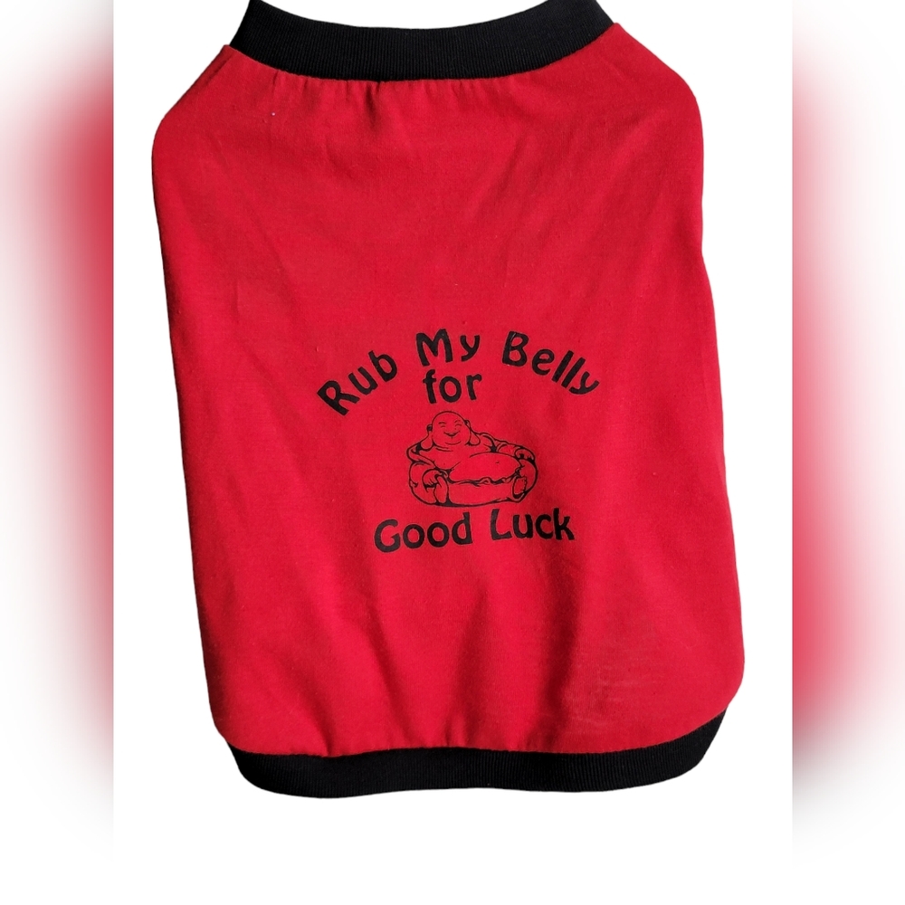 ``P25797 Red & Black Doggy Tee – "Rub My Belly for Good Luck."